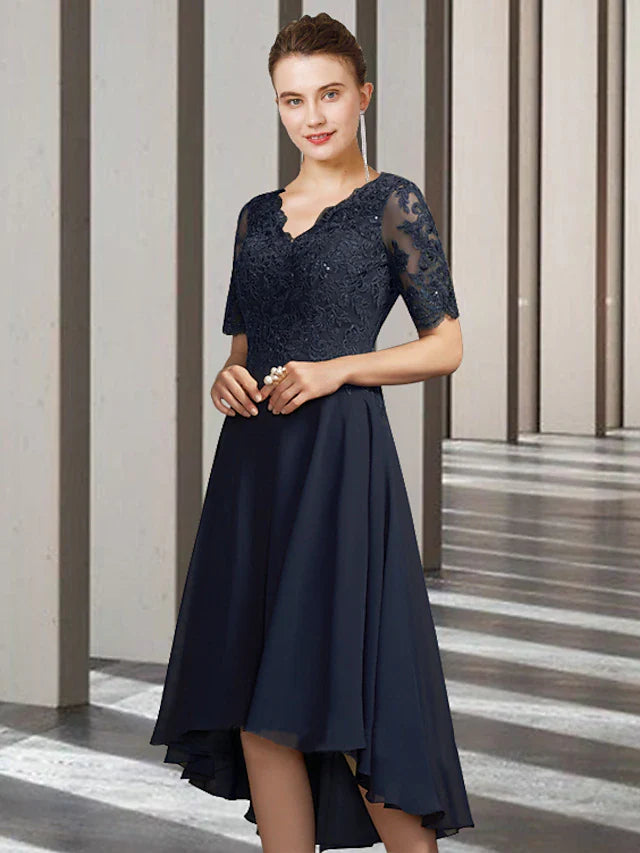 Wholesale A-Line Mother of the Bride Dress Elegant High Low V Neck Asymmetrical Tea Length Chiffon Lace Short Sleeve with Pleats Appliques